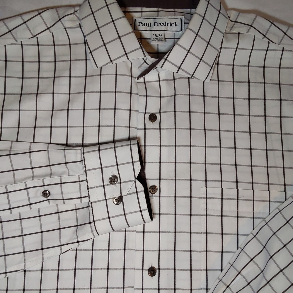 Paul Fredrick Men's Shirt Sz 15-35 Non Iron Classic Fit Brown Check Dress Office